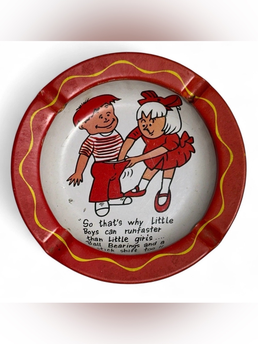 Vintage 1970s Retro Naughty Red Metal Ashtray – “So That’s Why” Boy & Girl